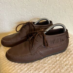 Hunter Run Moccasin Booties Fringed Women’s Leather Tie Rubber Sole ~Size 8.5"